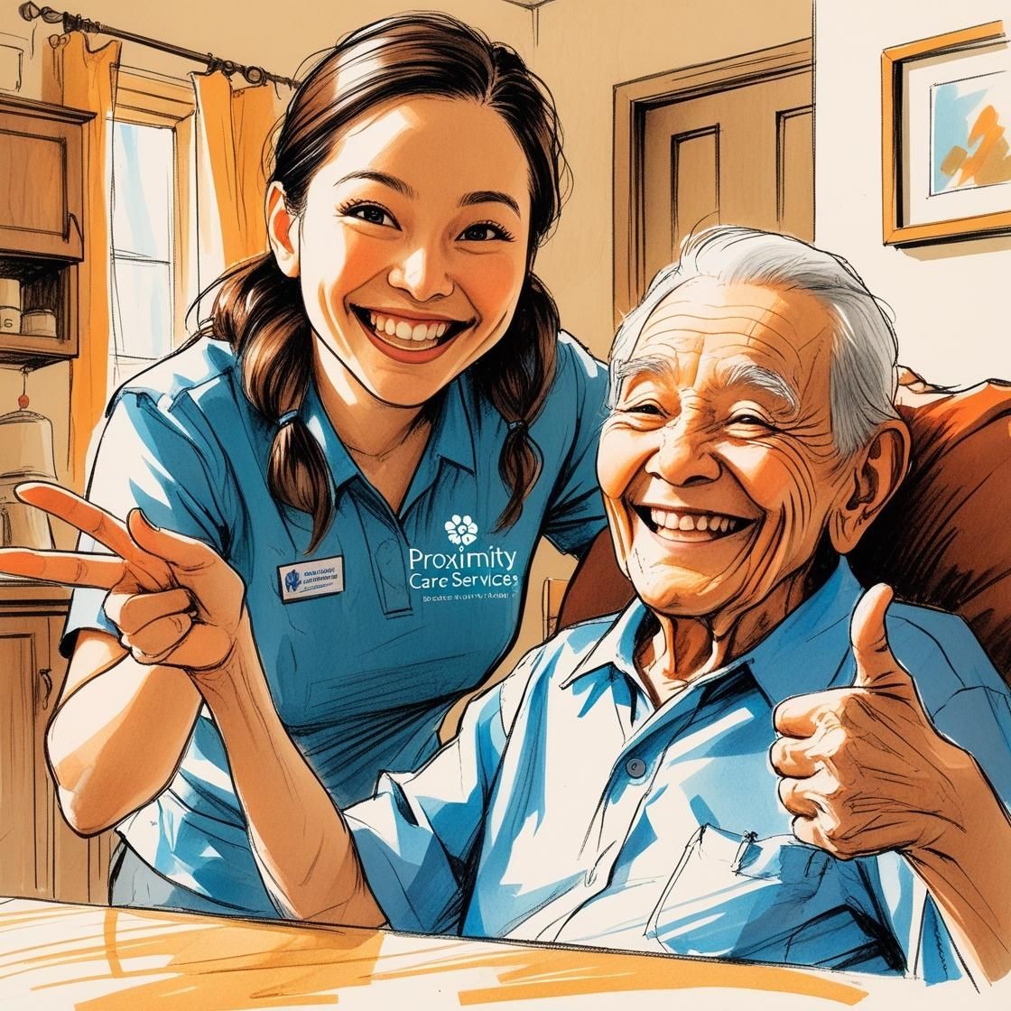 Smiling caregiver with elderly man giving a thumbs-up in a cozy room setting.