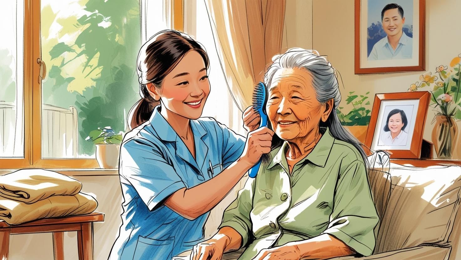 "Personal support worker assisting a senior with bathing and grooming as part of personalized in-home senior care in Mississauga, Brampton, and Peel Region."