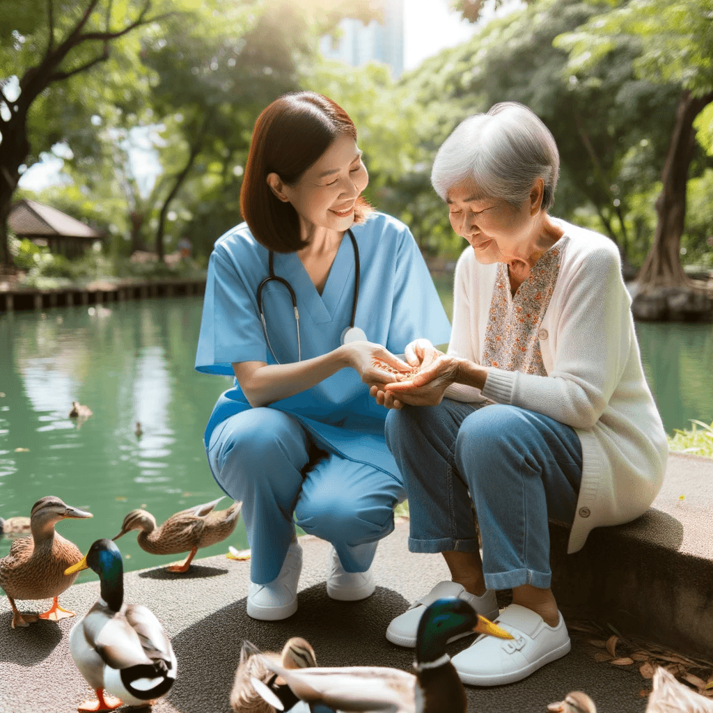 Caregiver and elderly client spending time together, demonstrating engagement and mental stimulation provided by our in-home companionship care services.