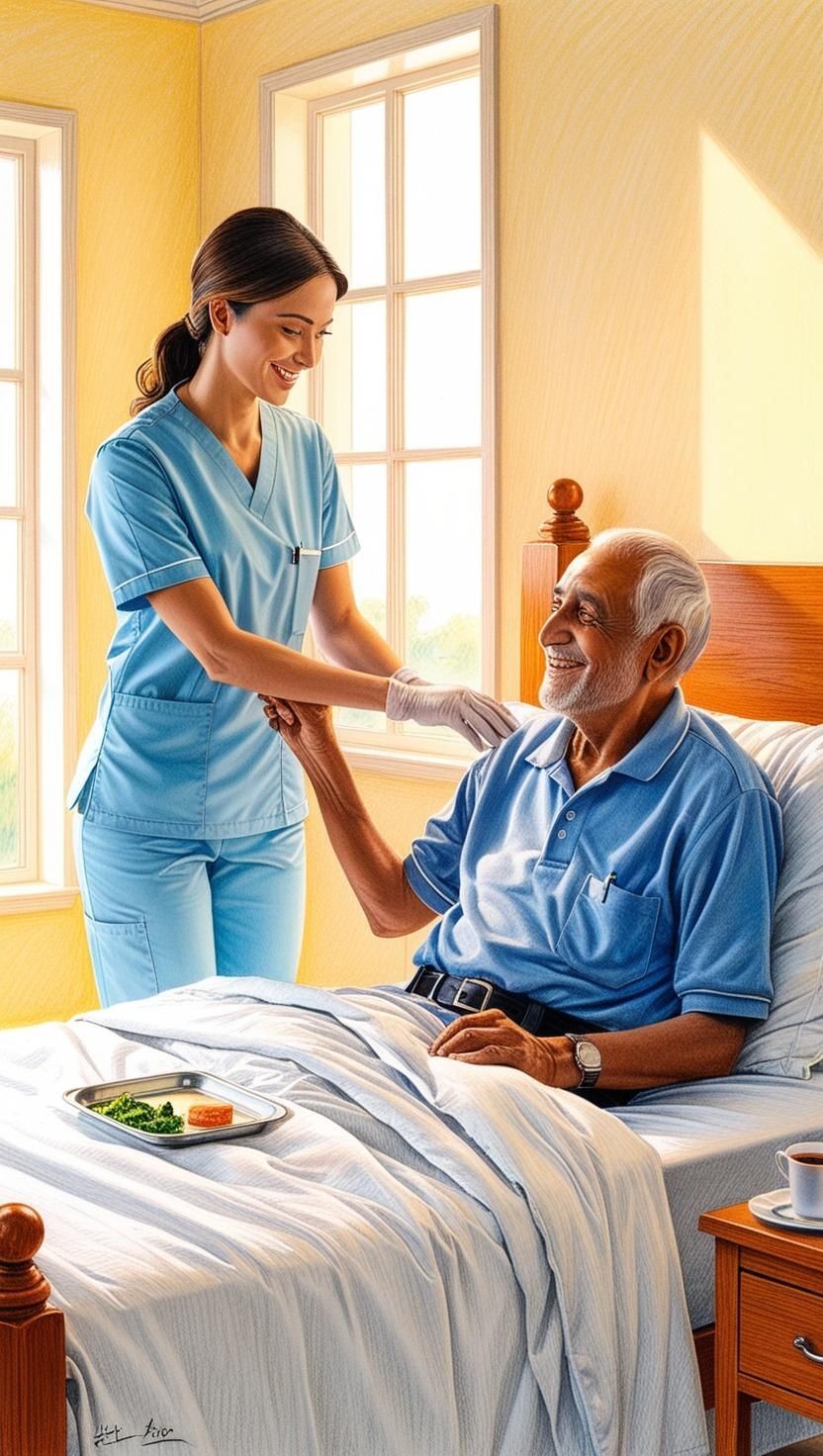 Certified personal support worker assisting a senior man with mobility and meal preparation during a 2-hour home visit, offering personalized in-home senior care in Mississauga and Brampton