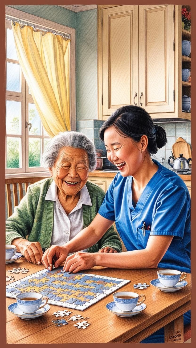 Friendly caregiver providing companionship and respite care for an elderly woman, sharing activities and conversation in a comfortable home environment in the Peel Region