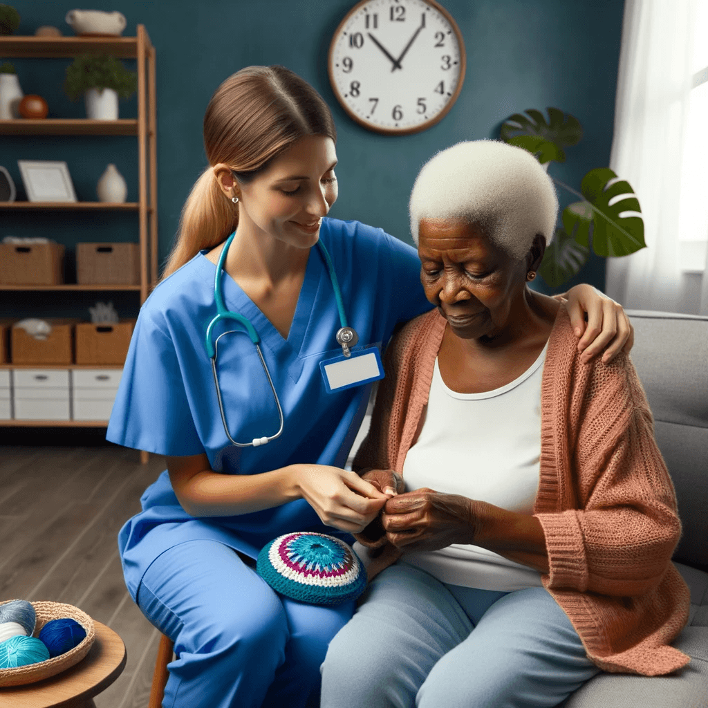 Professional caregiver assisting senior woman with personal grooming at home, emphasizing compassionate in-home care for the elderly.