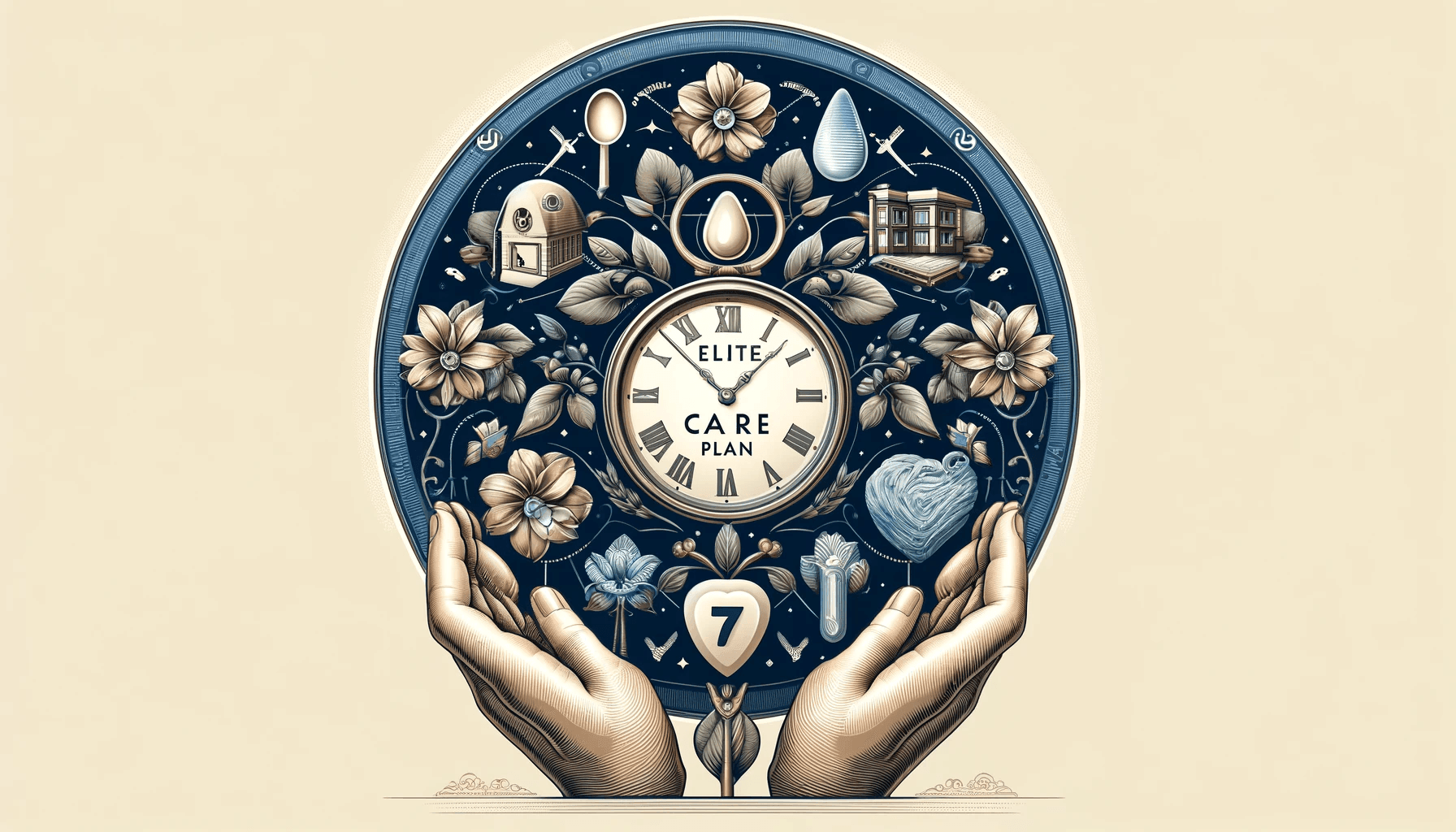 Intricate illustration featuring a clock with floral designs and symbols, held by two hands.