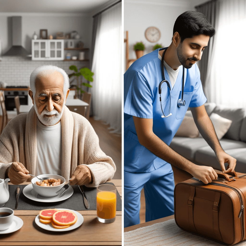 Elderly man receiving assistance with daily feeding and assistance from a qualified in-home care personal support worker, highlighting personalized senior in-home care services.