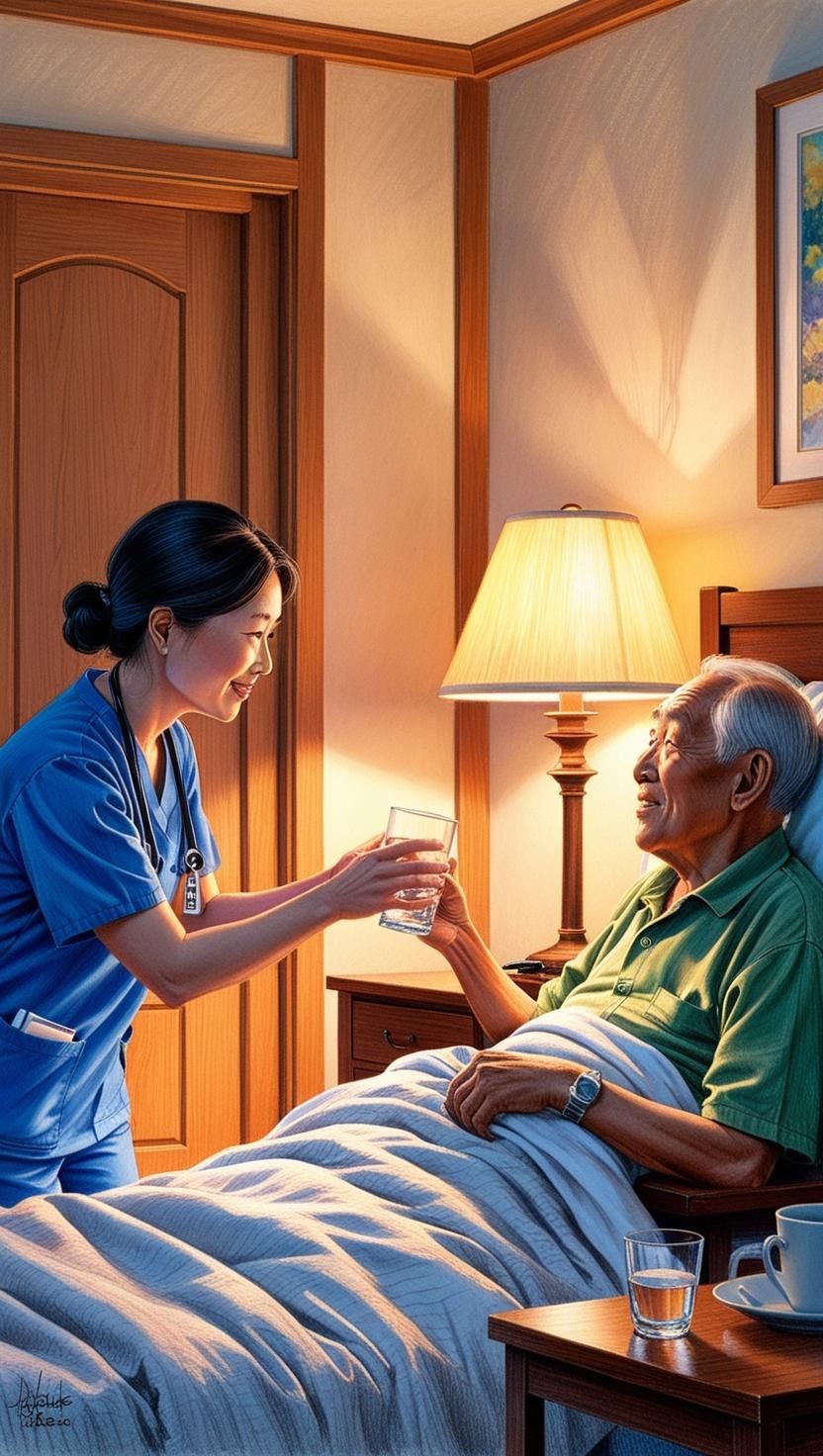Dedicated live-in caregiver assisting a senior man with bedtime routines in a calm and safe home setting, providing 24/7 in-home care services across Mississauga and Brampton