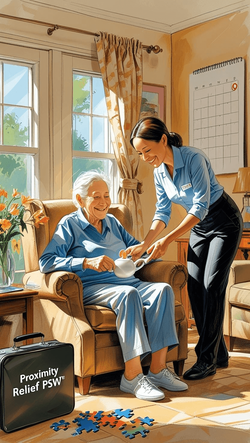 PSW providing temporary in-home care for a senior during a caregiver’s absence, with a care plan folder and calendar in view, showing Proximity Care’s emergency and back-up support services.