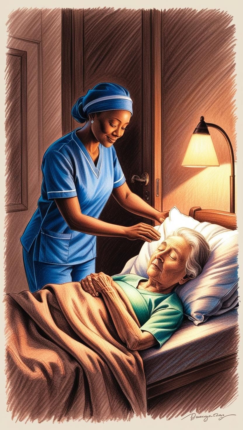 Compassionate overnight caregiver performing nighttime safety check for a sleeping senior, delivering peace-of-mind in-home elderly care services in the Greater Toronto Area