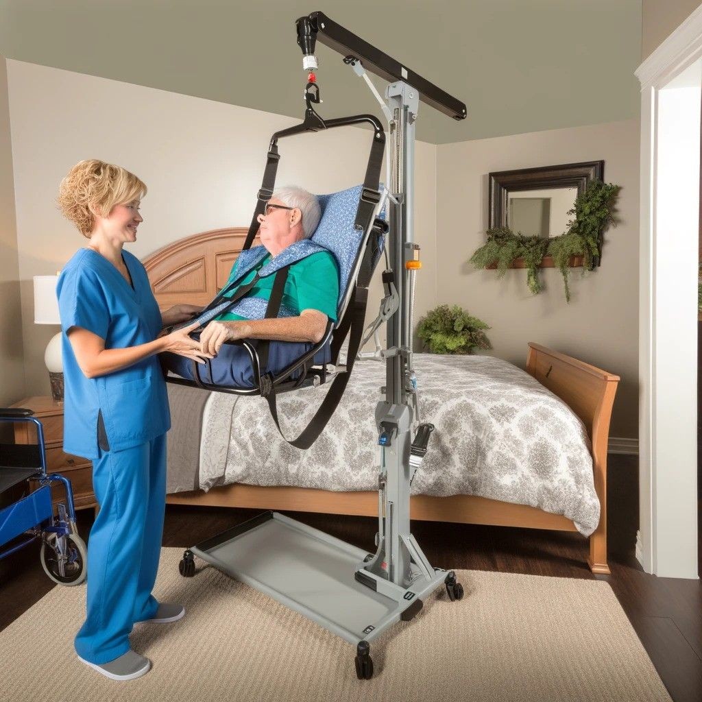 Nurse assisting elderly man with a patient lift in a bedroom setting.