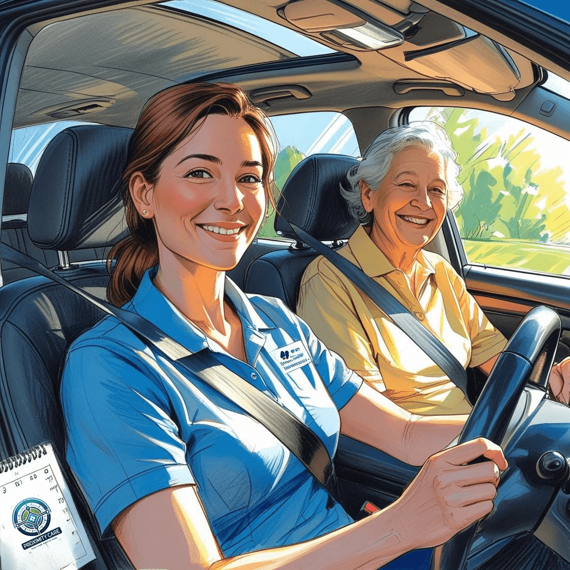 "PSW caregiver helping an elderly woman into a car, providing transportation assistance to medical appointments and family events in Mississauga and Brampton."