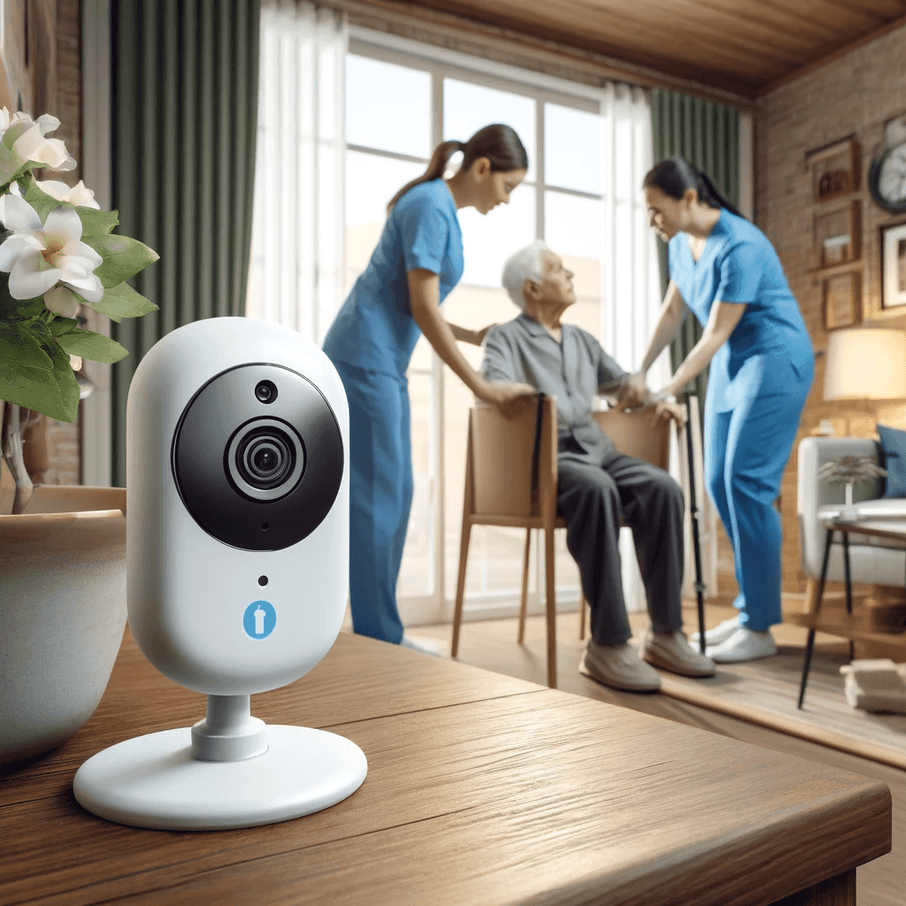 Indoor security camera on table, nurses assisting elderly person in background.