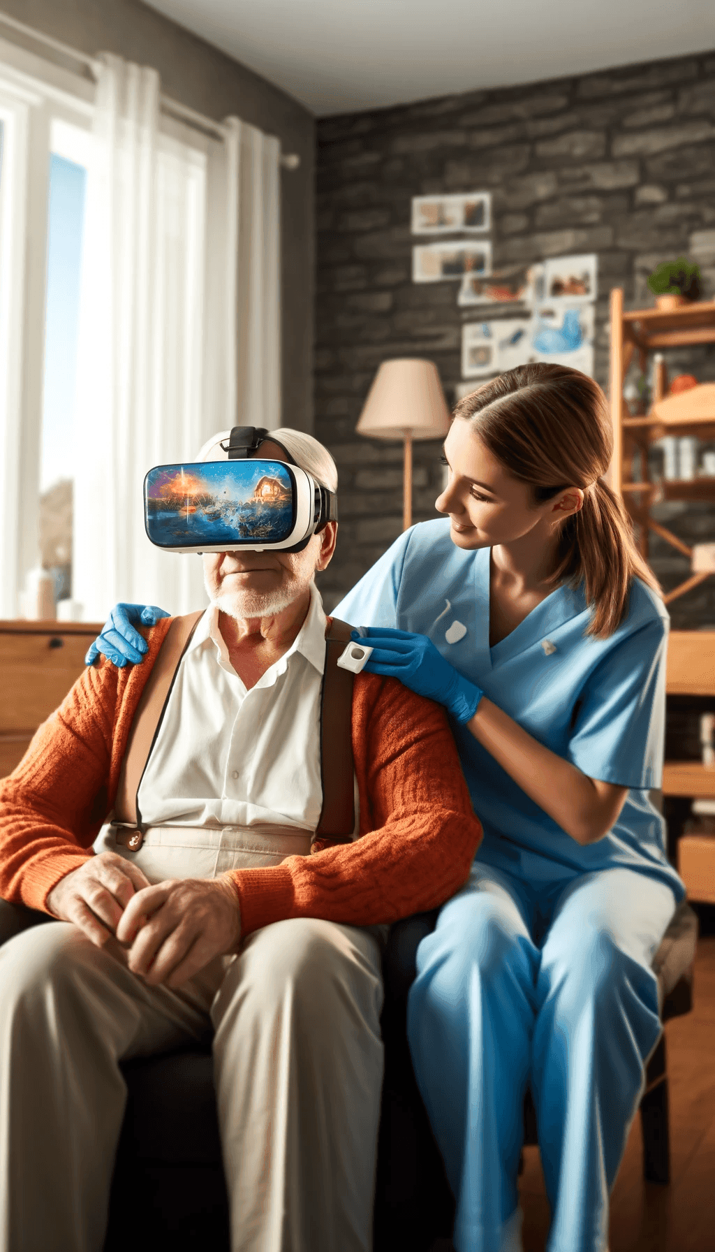 Elderly man wearing VR headset assisted by nurse in a cozy living room.