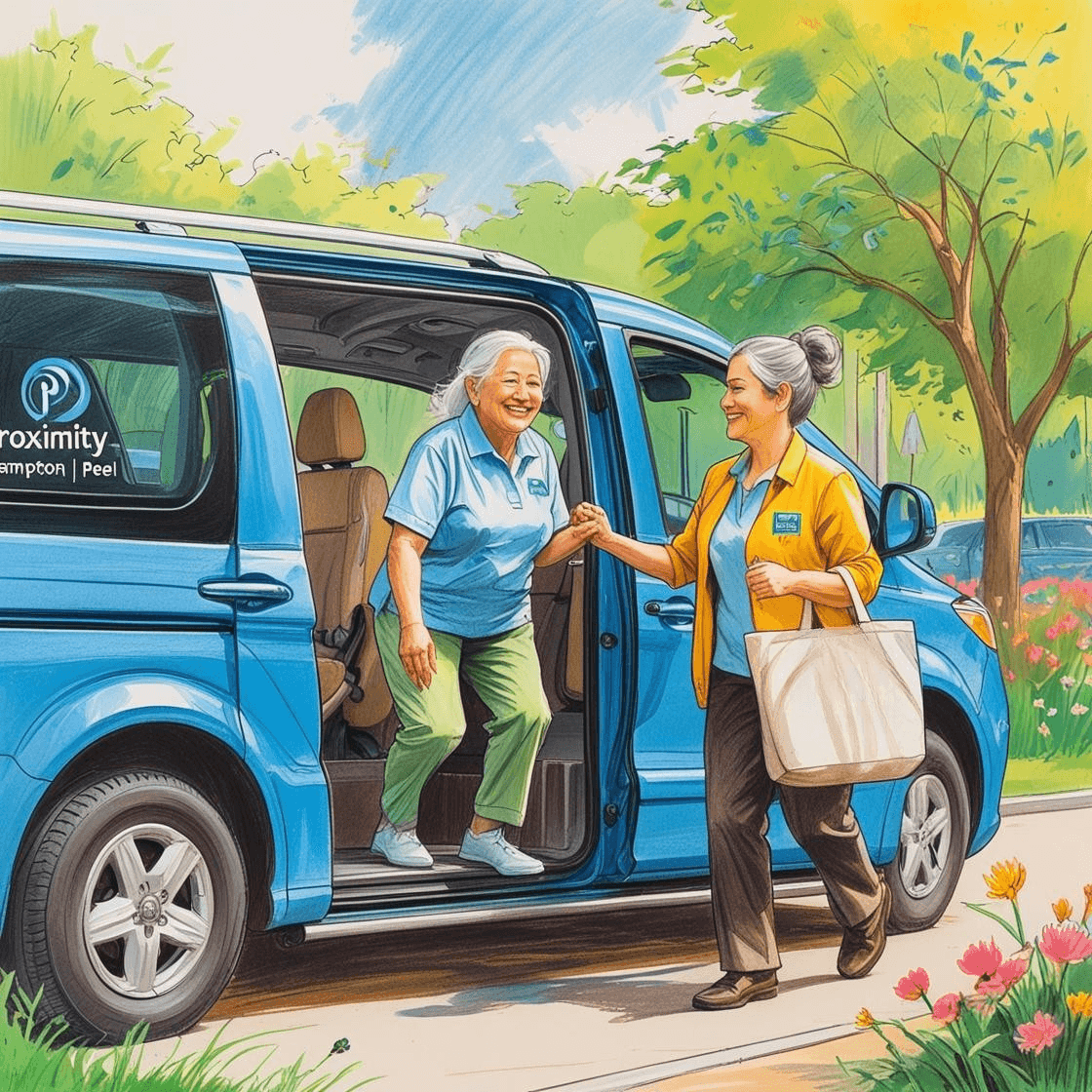 "PSW sitting beside a senior on a public transit bus, providing companionship and safety support during TransHelp rides and community outings in the Peel Region."