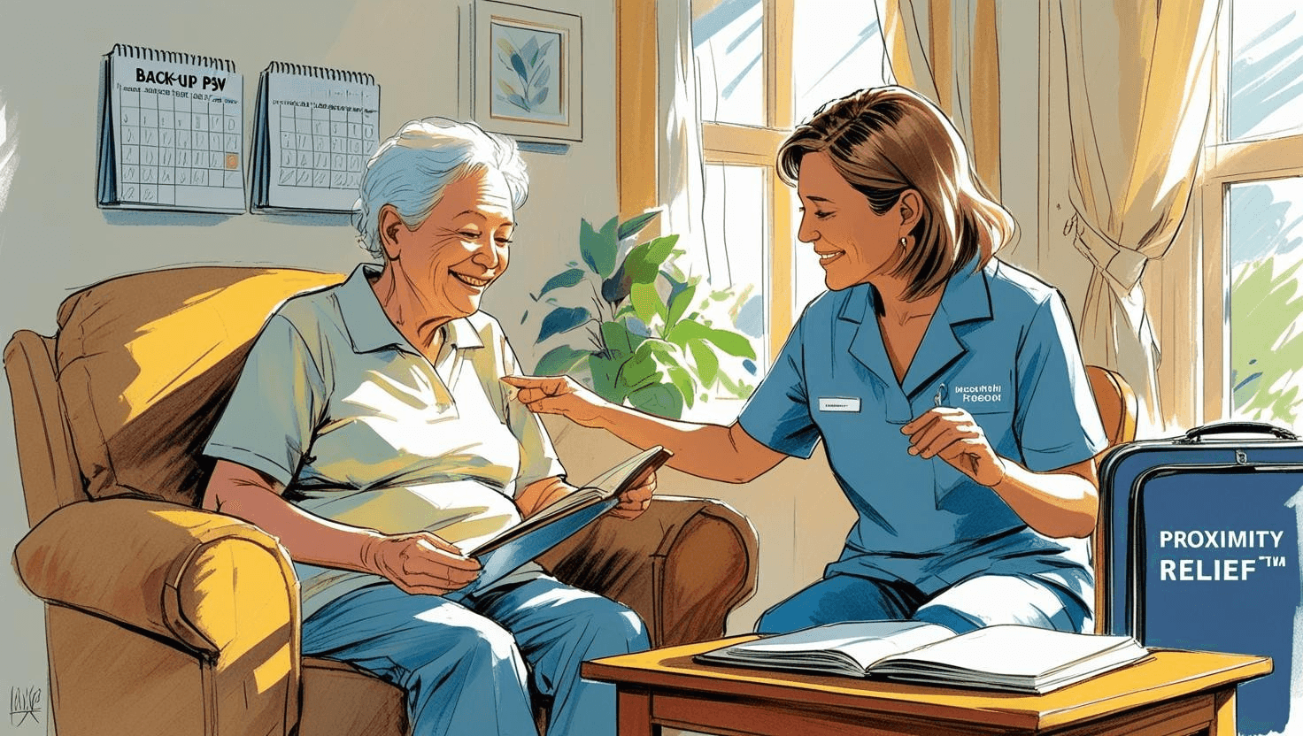 PSW providing temporary in-home care for a senior during a caregiver’s absence, representing Proximity Care’s emergency and back-up support services.